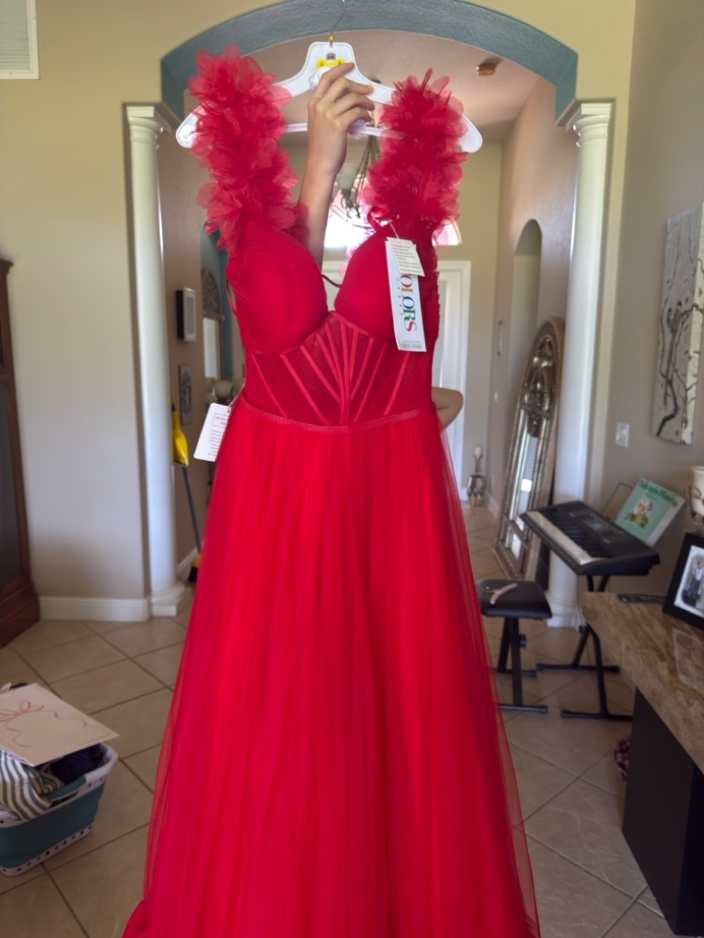 Colors Dress 3485 Red Tulle Floral Strap Prom Pageant Gown Size 6 NWT - Picture 8 of 8